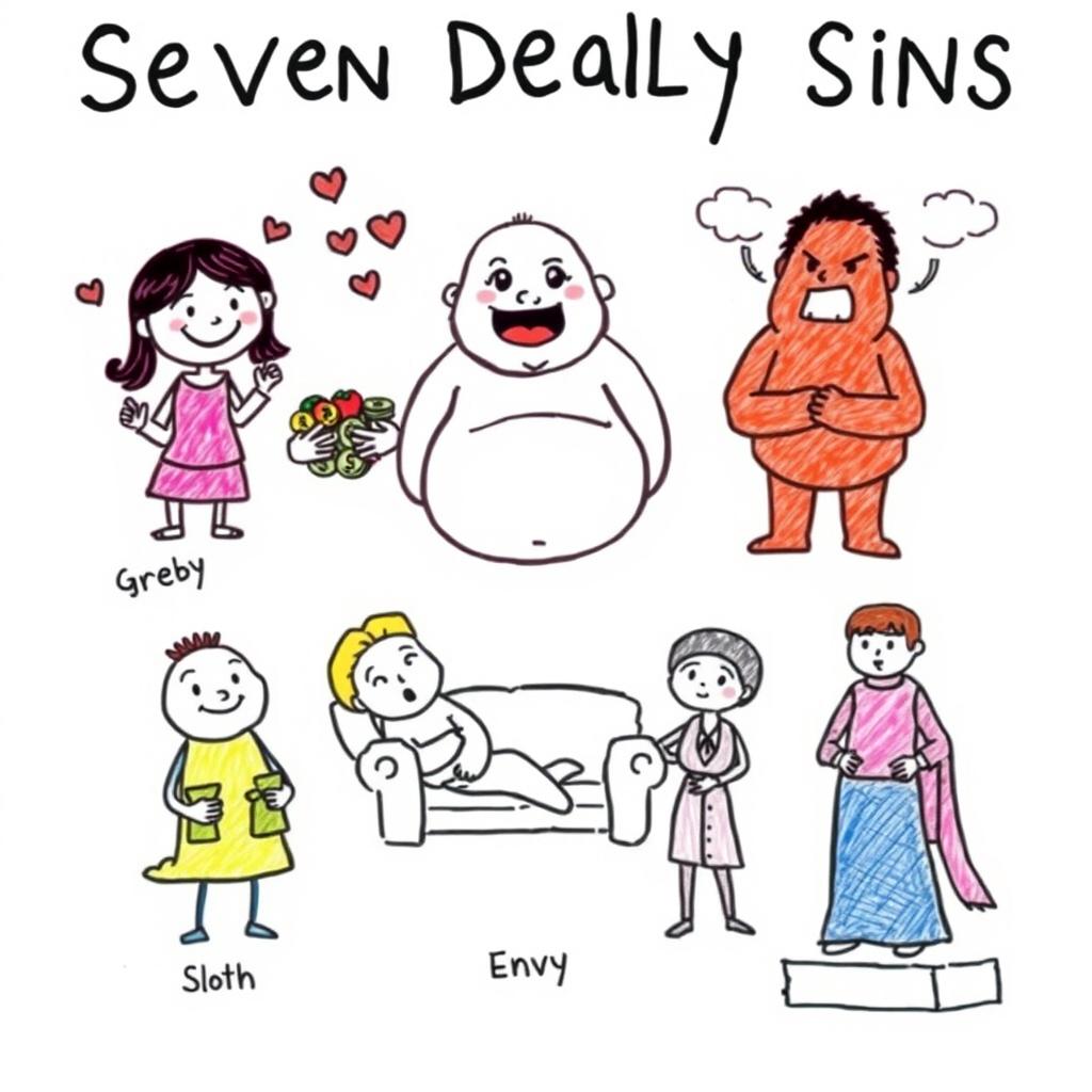 A basic yet expressive drawing illustrating the Seven Deadly Sins as interpreted by St