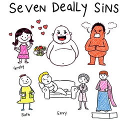 A basic yet expressive drawing illustrating the Seven Deadly Sins as interpreted by St