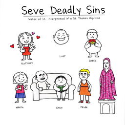 A basic yet expressive drawing illustrating the Seven Deadly Sins as interpreted by St