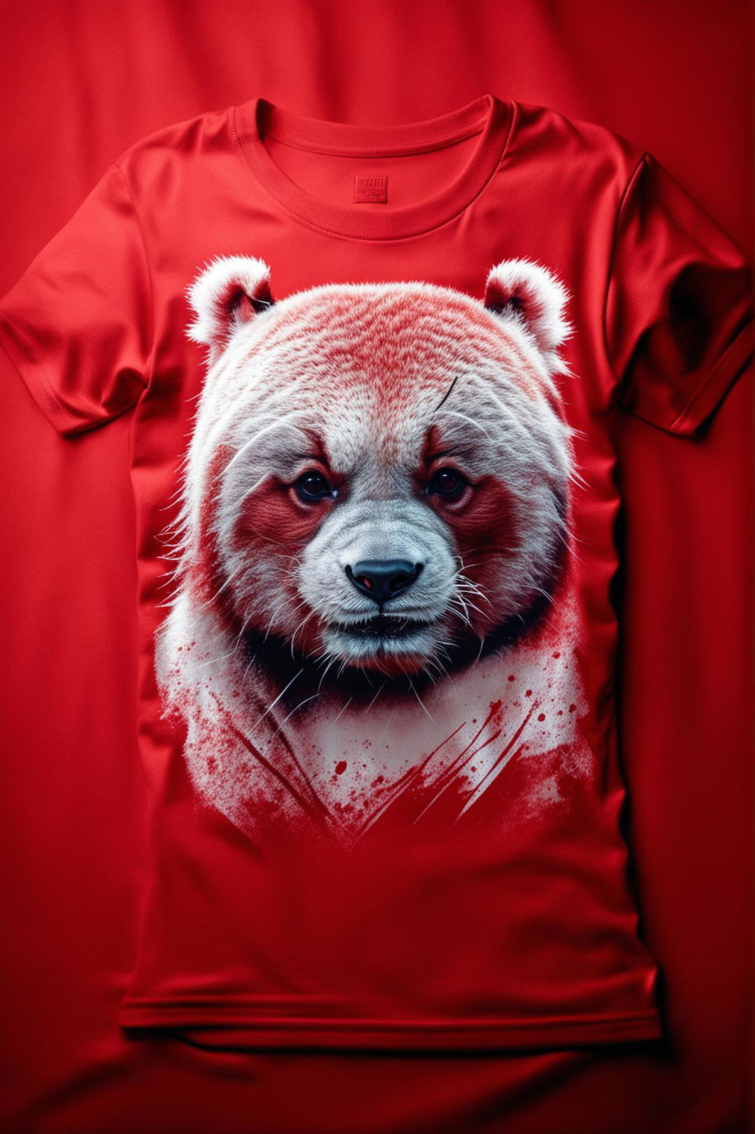 A high-quality image of a vibrant red graphic tee featuring a white panda print