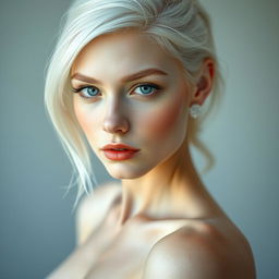 An ultra realistic and beautifully detailed depiction of an albino woman, showcasing her flawless skin and features