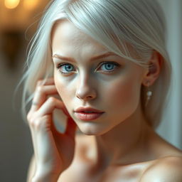An ultra realistic and beautifully detailed depiction of an albino woman, showcasing her flawless skin and features