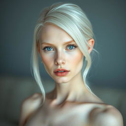 An ultra realistic and beautifully detailed depiction of an albino woman, showcasing her flawless skin and features