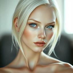 An ultra realistic and beautifully detailed depiction of an albino woman, showcasing her flawless skin and features