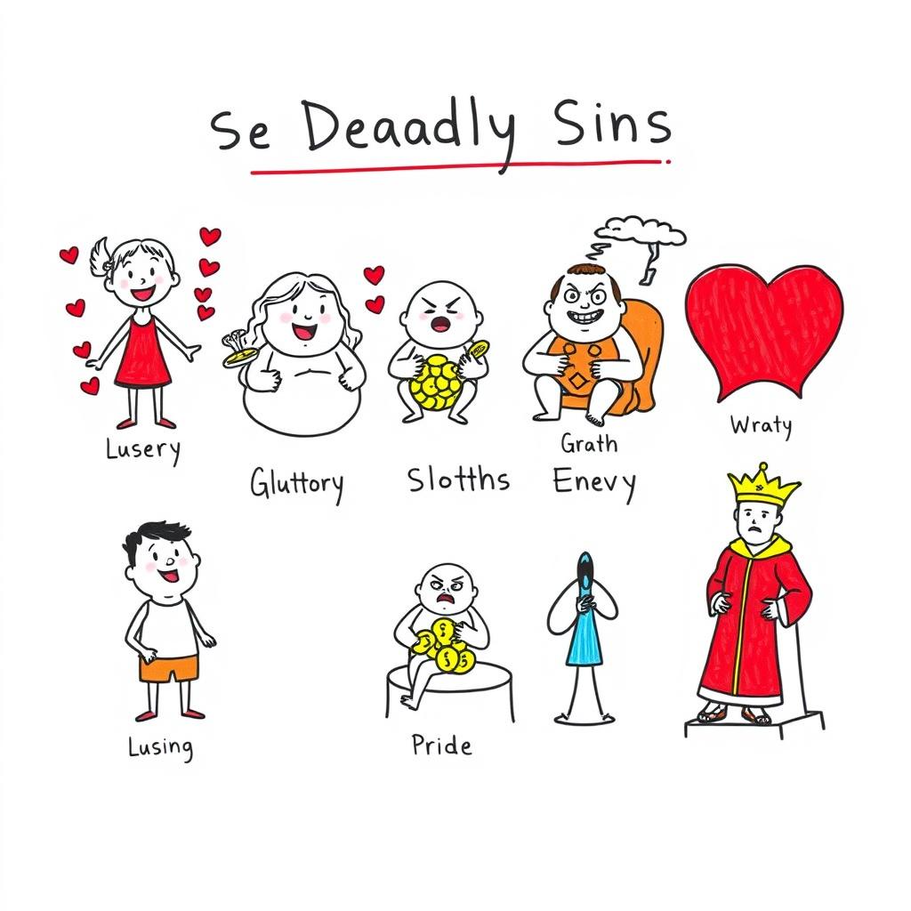 A basic drawing that visually represents the Seven Deadly Sins inspired by St