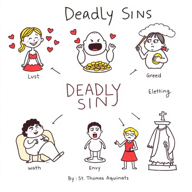 A basic drawing that visually represents the Seven Deadly Sins inspired by St