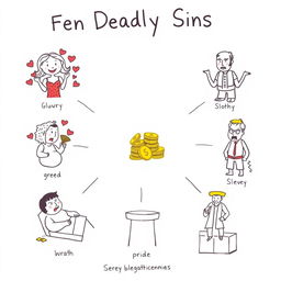 A basic drawing that visually represents the Seven Deadly Sins inspired by St