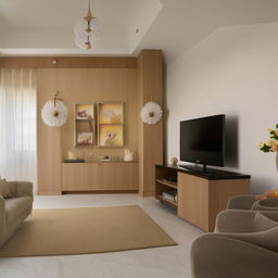 A tastefully designed living room featuring a serene mandir section, a modern TV unit, and an walls adorned with family photos.