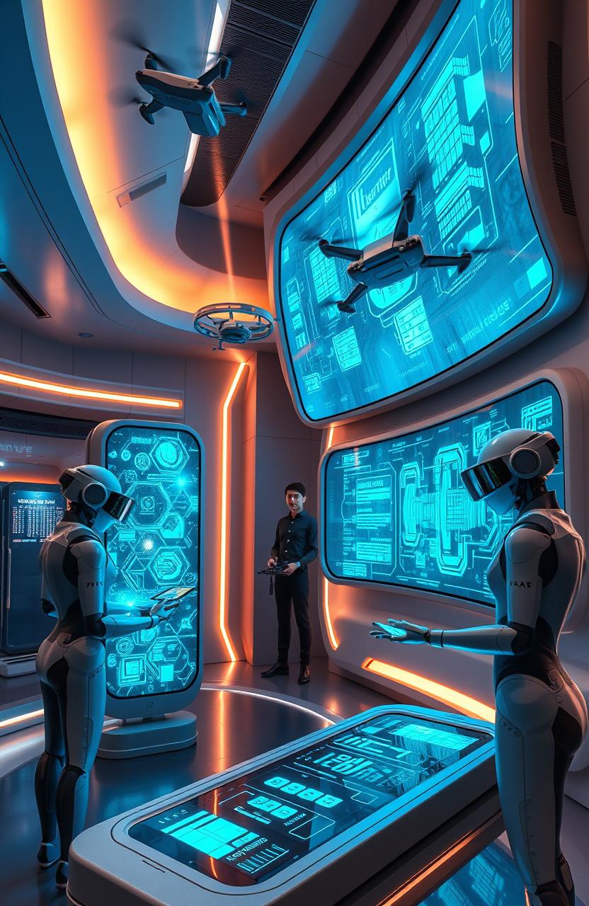 A futuristic scene showcasing advanced technological electronics in a sleek, modern environment