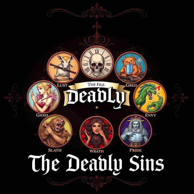 A visually striking poster featuring the theme of the Seven Deadly Sins as described by St