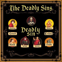 A visually striking poster featuring the theme of the Seven Deadly Sins as described by St