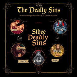 A visually striking poster featuring the theme of the Seven Deadly Sins as described by St