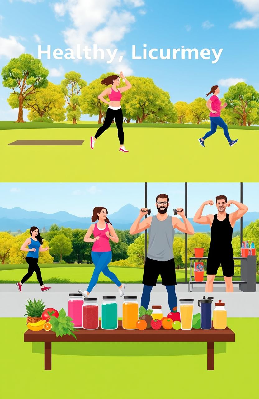 An inspiring and informative scene illustrating a healthy lifestyle and fitness journey