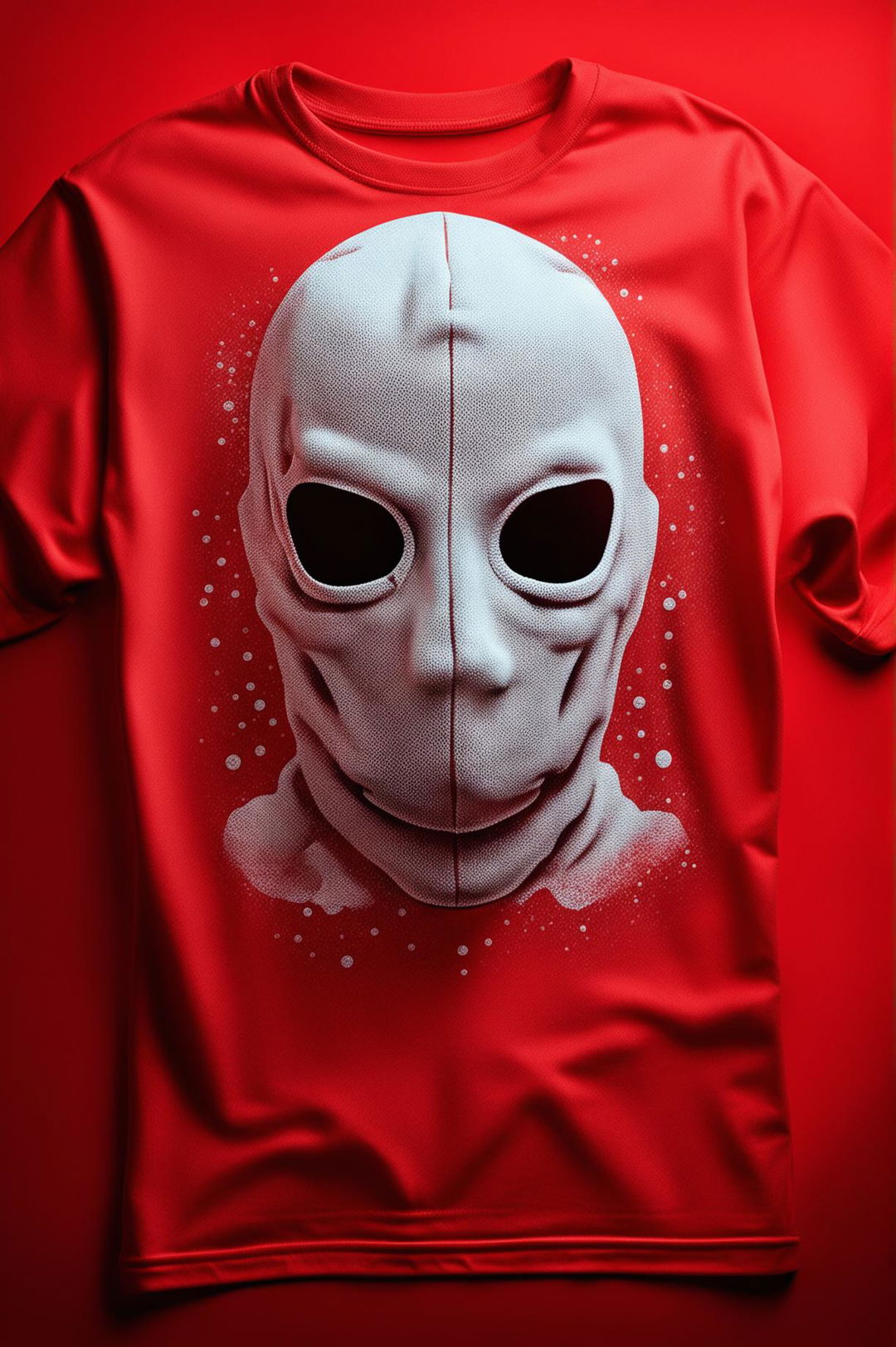 A high-quality image of a vibrant red graphic tee featuring a white balaclava print