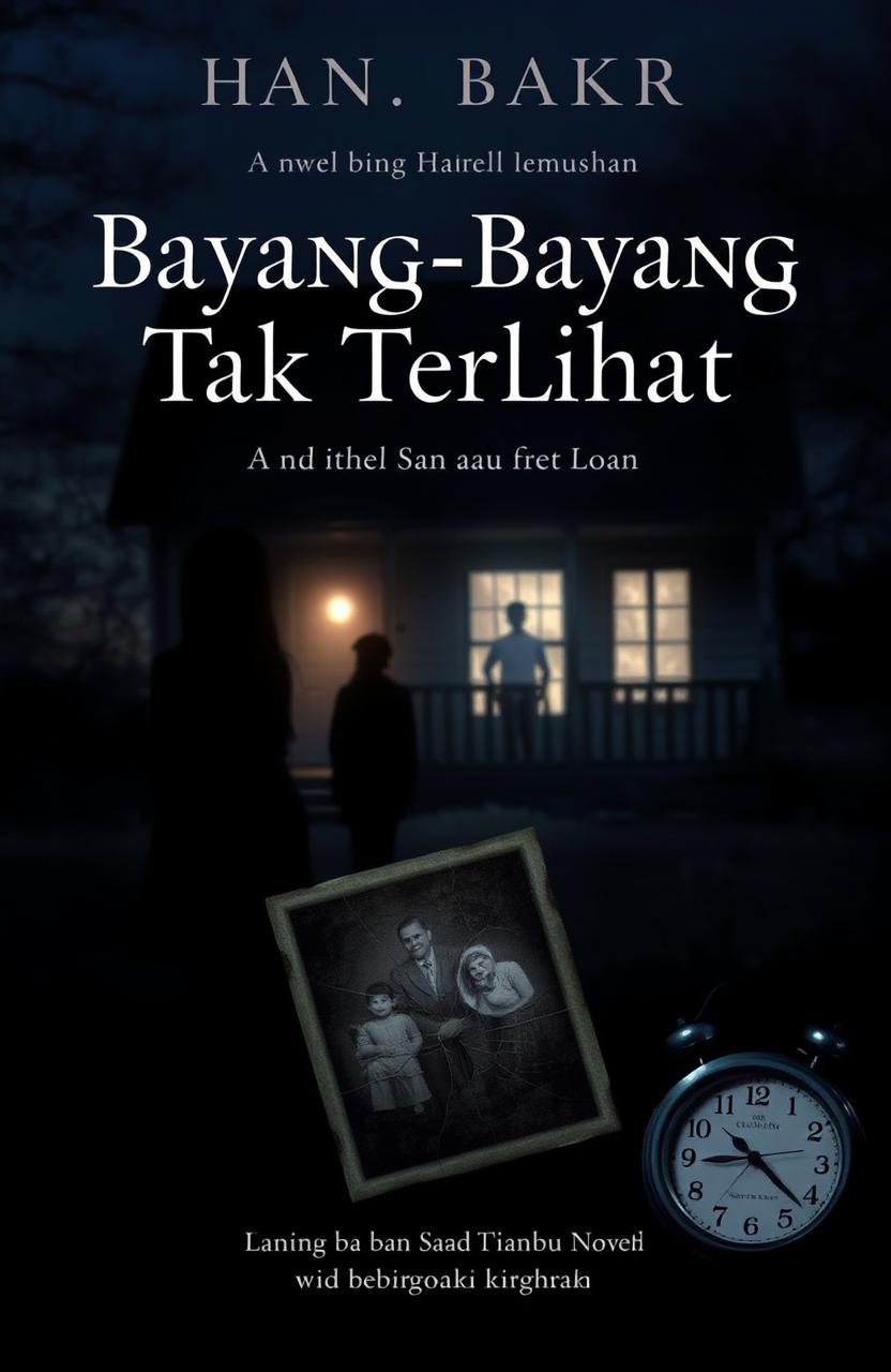 A novel cover for 'Bayang-Bayang Tak Terlihat', featuring a dark and mysterious atmosphere