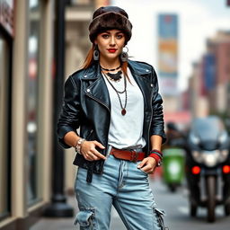 A stylish young woman dressed in a black leather jacket over a white oversized t-shirt, paired with baggy jeans that feature multiple belts