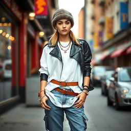 A stylish young woman dressed in a black leather jacket over a white oversized t-shirt, paired with baggy jeans that feature multiple belts
