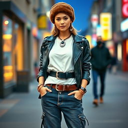 A stylish young woman dressed in a black leather jacket over a white oversized t-shirt, paired with baggy jeans that feature multiple belts