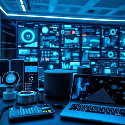 An image depicting an array of technological devices and electronics in an ultra-modern setting