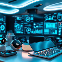 An image depicting an array of technological devices and electronics in an ultra-modern setting