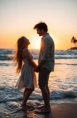 A romantic scene between a couple sharing a tender moment, surrounded by a beautiful sunset on a beach