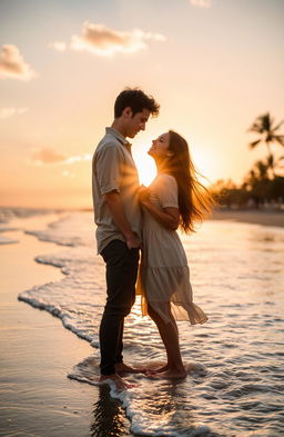 A romantic scene between a couple sharing a tender moment, surrounded by a beautiful sunset on a beach