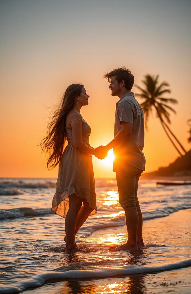 A romantic scene between a couple sharing a tender moment, surrounded by a beautiful sunset on a beach