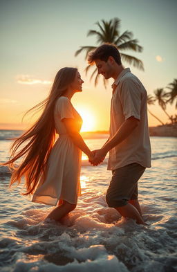A romantic scene between a couple sharing a tender moment, surrounded by a beautiful sunset on a beach