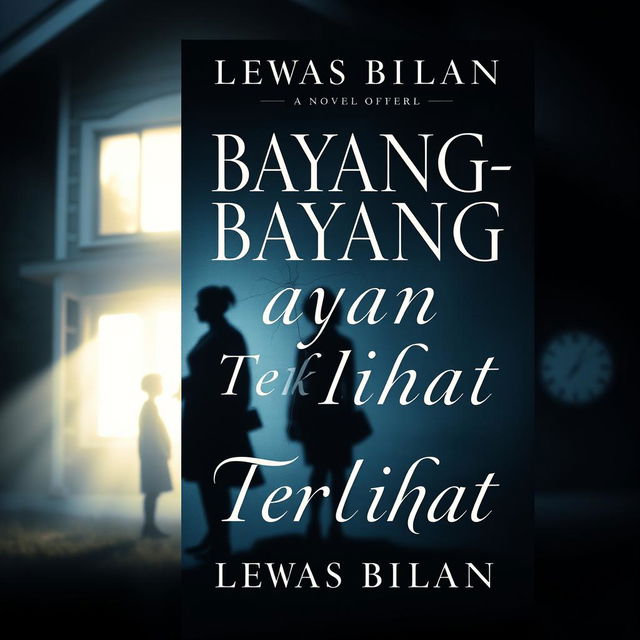 A novel cover for 'Bayang-Bayang Tak Terlihat' by Lewas Bilan, featuring themes of family drama, emotional tension, and loss