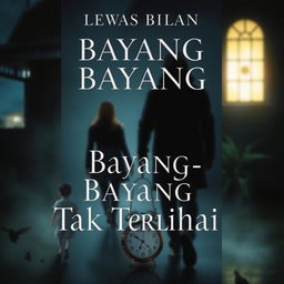 A novel cover for 'Bayang-Bayang Tak Terlihat' by Lewas Bilan, featuring themes of family drama, emotional tension, and loss