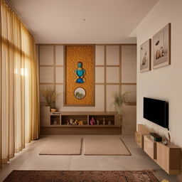 A tastefully designed living room featuring a serene mandir section, a modern TV unit, and a wall adorned with family photos.