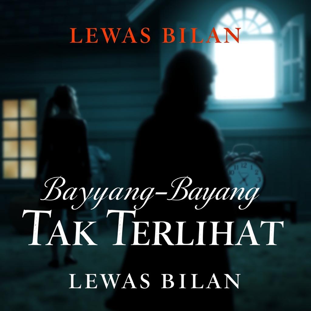 A novel cover for 'Bayang-Bayang Tak Terlihat' by Lewas Bilan, featuring themes of family drama, emotional tension, and loss