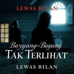 A novel cover for 'Bayang-Bayang Tak Terlihat' by Lewas Bilan, featuring themes of family drama, emotional tension, and loss