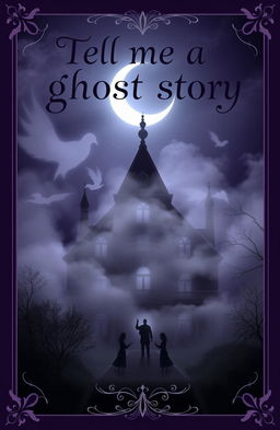 A haunting book cover design in dark whimsygoth Victorian style, featuring a shadowy Victorian mansion enveloped in swirling mist under a crescent moon