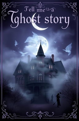 A haunting book cover design in dark whimsygoth Victorian style, featuring a shadowy Victorian mansion enveloped in swirling mist under a crescent moon