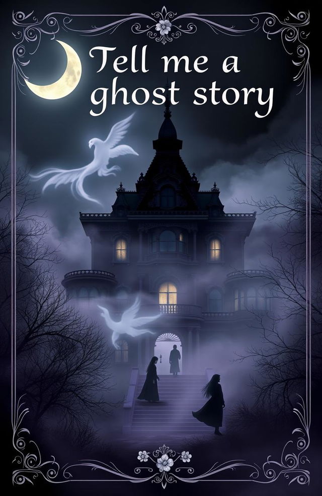 A haunting book cover design in dark whimsygoth Victorian style, featuring a shadowy Victorian mansion enveloped in swirling mist under a crescent moon