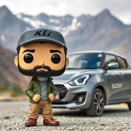 A Funko Pop figure of a 30-year-old male character with black hair wearing a cap and sporting a beard, dressed in a green jacket