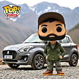 A Funko Pop figure of a 30-year-old male character with black hair wearing a cap and sporting a beard, dressed in a green jacket