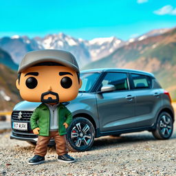A Funko Pop figure of a 30-year-old male character with black hair wearing a cap and sporting a beard, dressed in a green jacket