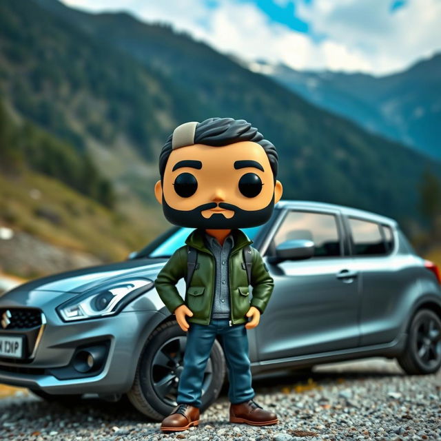 A Funko Pop figure of a 30-year-old male character with black hair wearing a cap and sporting a beard, dressed in a green jacket