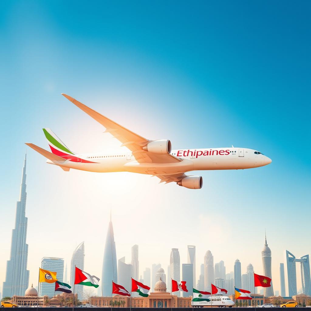 An Ethiopian Airlines plane gracefully soaring through a clear blue sky, with a vibrant background featuring the iconic skylines of Dubai, Qatar, Bahrain, Saudi Arabia, Beirut, and Jordan