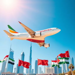 An Ethiopian Airlines plane gracefully soaring through a clear blue sky, with a vibrant background featuring the iconic skylines of Dubai, Qatar, Bahrain, Saudi Arabia, Beirut, and Jordan