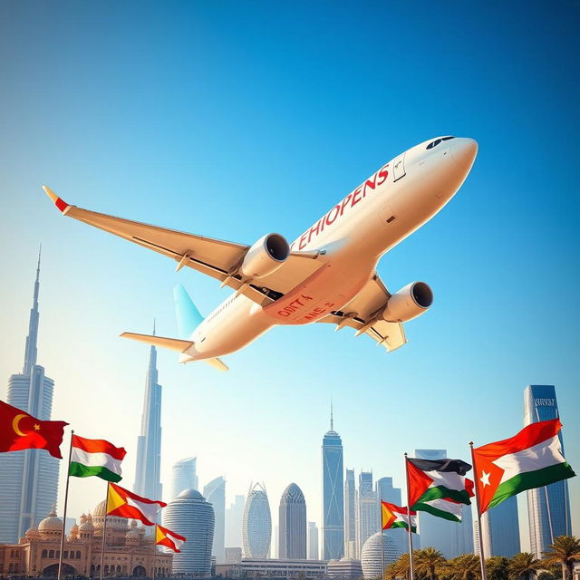 An Ethiopian Airlines plane gracefully soaring through a clear blue sky, with a vibrant background featuring the iconic skylines of Dubai, Qatar, Bahrain, Saudi Arabia, Beirut, and Jordan