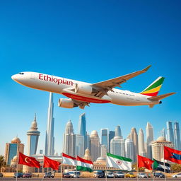 An Ethiopian Airlines plane gracefully soaring through a clear blue sky, with a vibrant background featuring the iconic skylines of Dubai, Qatar, Bahrain, Saudi Arabia, Beirut, and Jordan