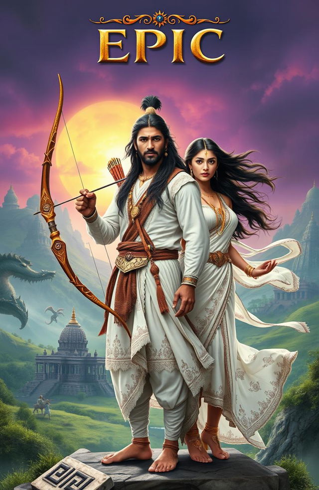 A fantasy epic book cover featuring an Indian man and a woman, both elegantly outfitted in traditional Indian attire colored in white, showcasing intricate patterns and designs