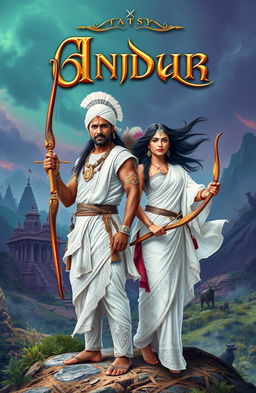 A fantasy epic book cover featuring an Indian man and a woman, both elegantly outfitted in traditional Indian attire colored in white, showcasing intricate patterns and designs