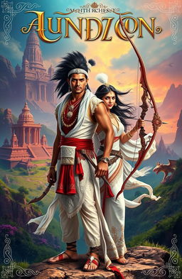 A fantasy epic book cover featuring an Indian man and a woman, both elegantly outfitted in traditional Indian attire colored in white, showcasing intricate patterns and designs