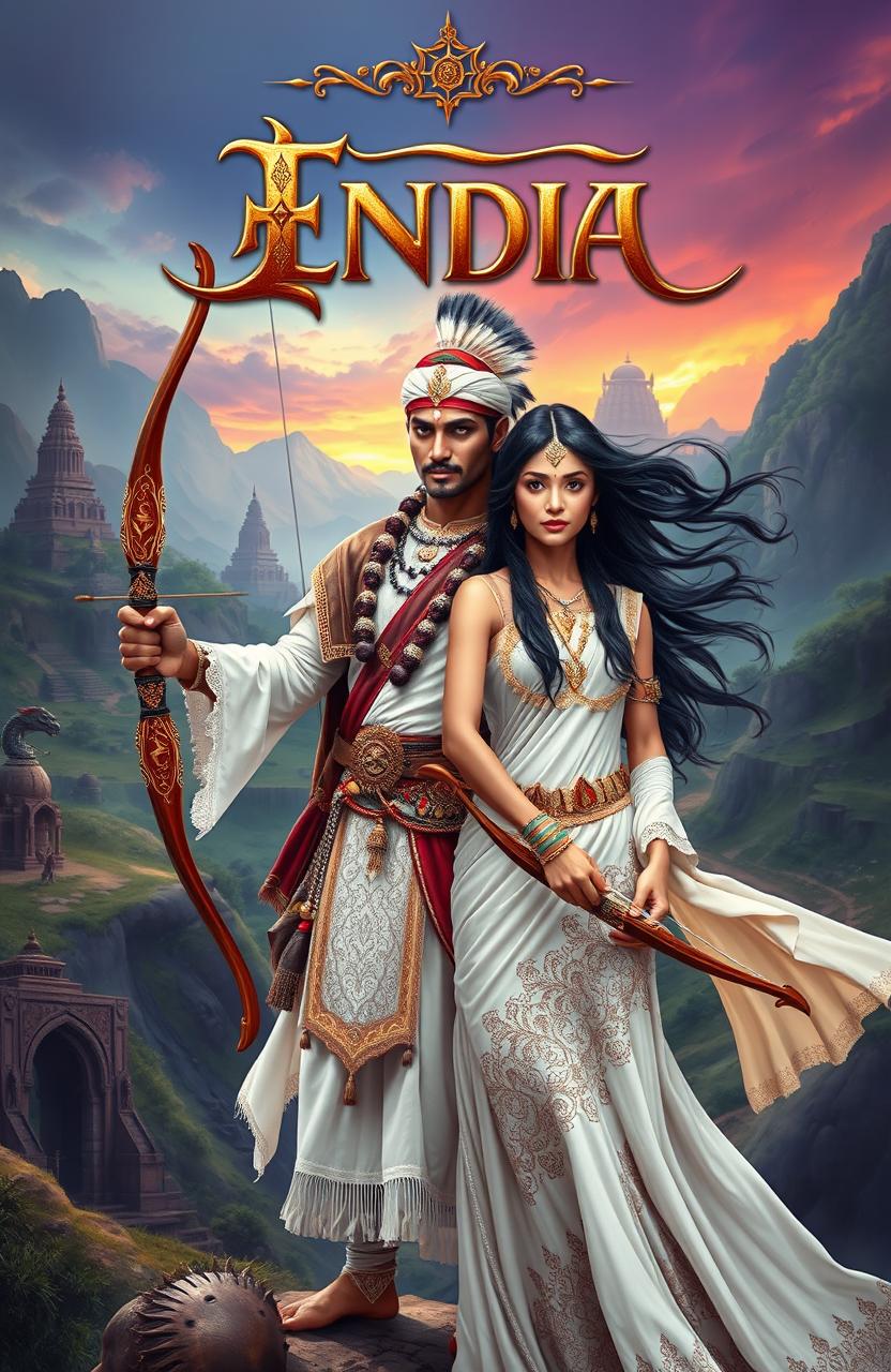 A fantasy epic book cover featuring an Indian man and a woman, both elegantly outfitted in traditional Indian attire colored in white, showcasing intricate patterns and designs