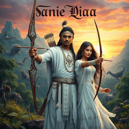 A captivating fantasy epic book cover depicting an Indian man and a woman, both dressed in exquisite white traditional attire adorned with intricate silver embroidery
