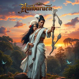 A captivating fantasy epic book cover depicting an Indian man and a woman, both dressed in exquisite white traditional attire adorned with intricate silver embroidery